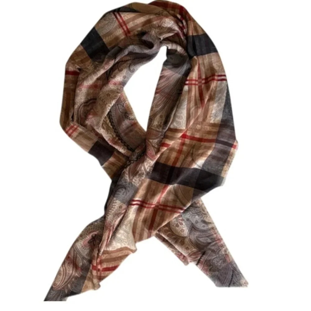 VTG Sheer Plaid Paisley Scarf Neutral Tan Gray Red-Burgundy